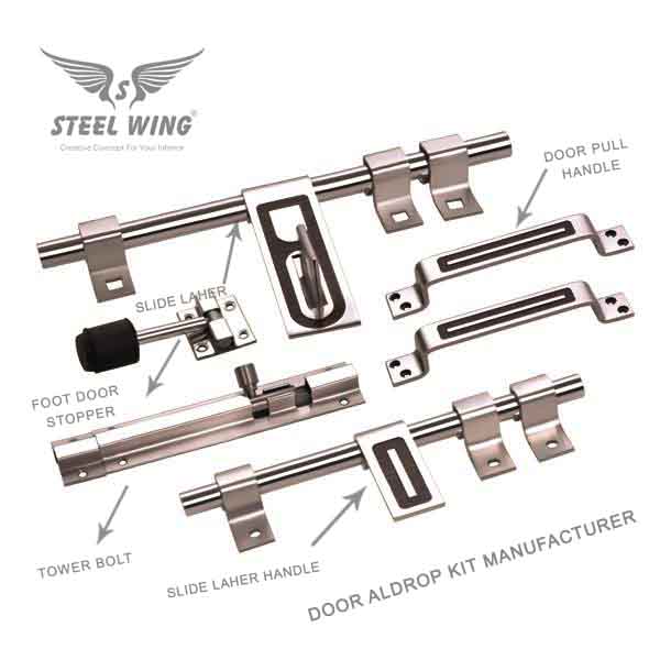 SS Aldrop Handle Lock Kit with Door Stopper - Tower Bolt - Door Bolt Fitting Manufacturer Rajkot - SS Door Closer Kit